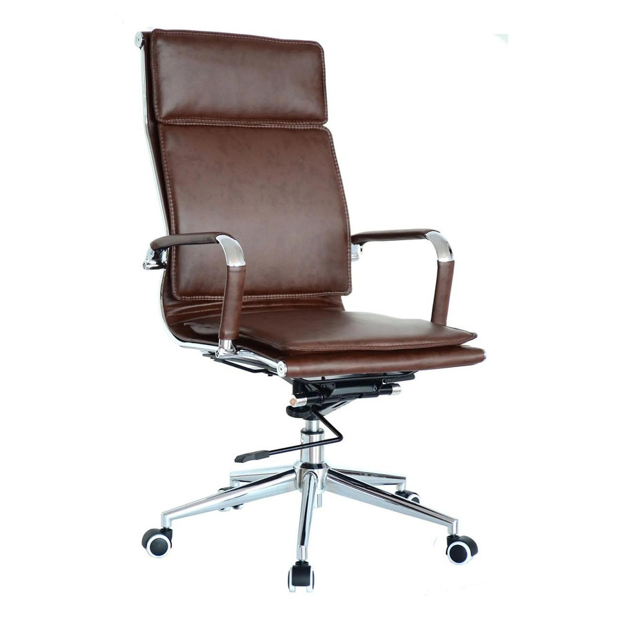 Classic Eames Flat Cushion High-Back Office Chair, brown leather upholstered ergonomic design with chrome accents and adjustable features.