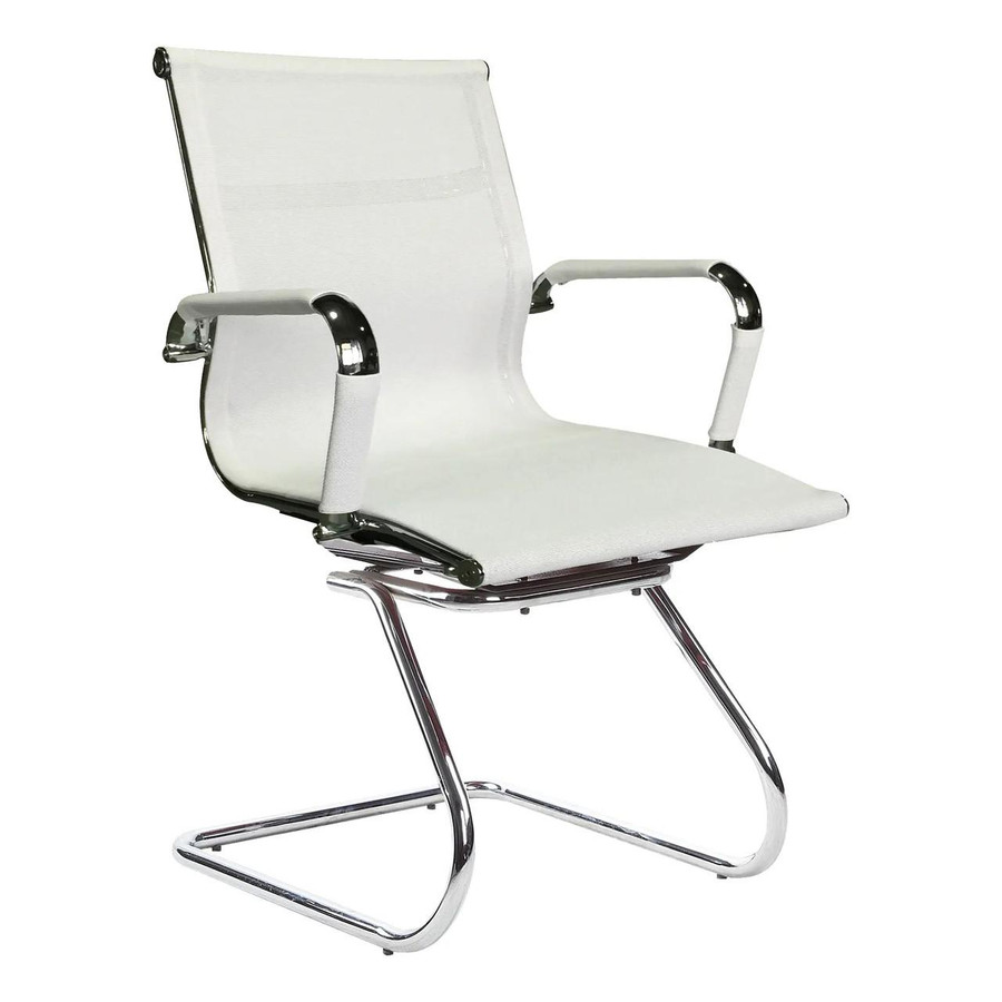 Classic Eames Netting Visitor Office Chair, modern white office chair with mesh backrest and chrome frame.