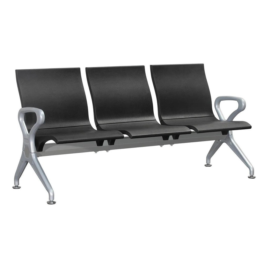 Three Seater Polyurethane Airport Seating Bench JOF-PBS-PPS-3, modern black seating with silver armrests and sturdy metal frame.