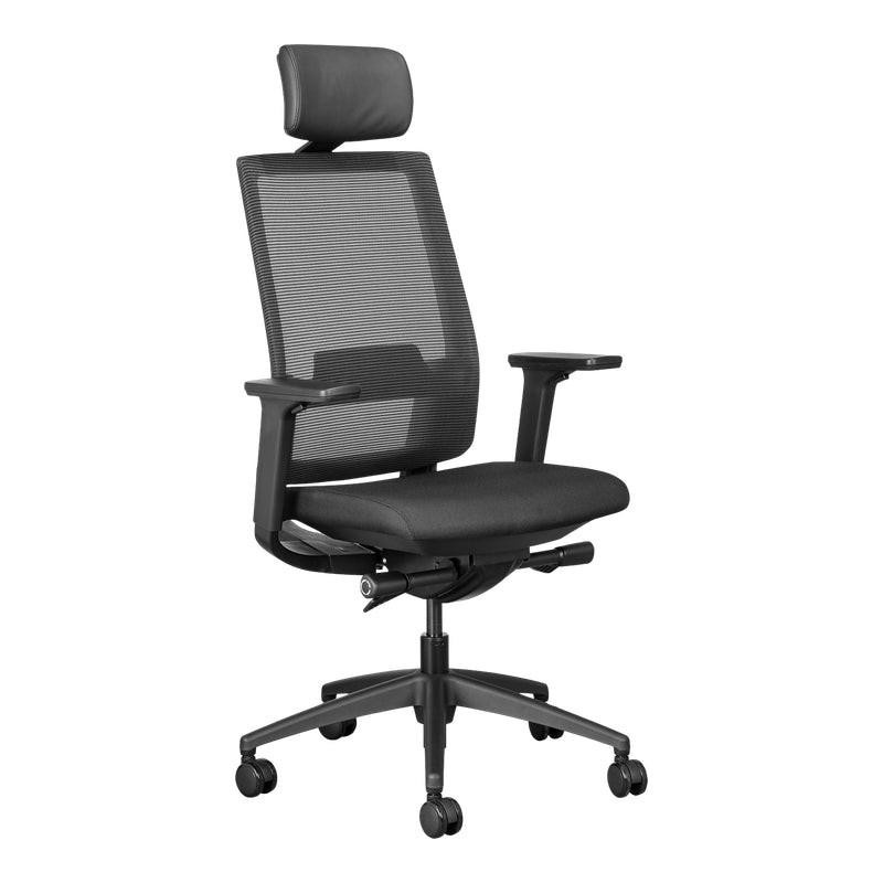 Mira Mesh High-Back Office Chair with Headrest, ergonomic desk chair with adjustable headrest, breathable mesh backrest, padded seat, and armrests for comfortable office seating.