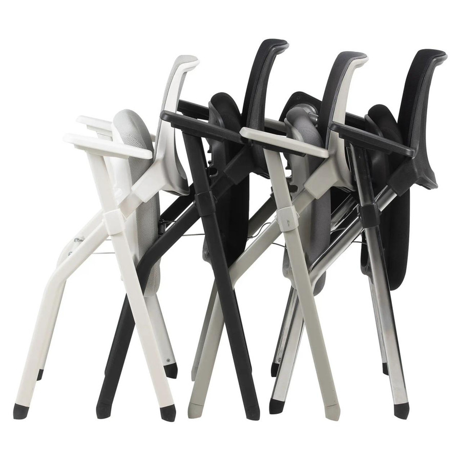 Trainex Mesh Chair OHA-CCH-TRA, stack of modern office chairs with mesh backrests in white, black, and grey colors.