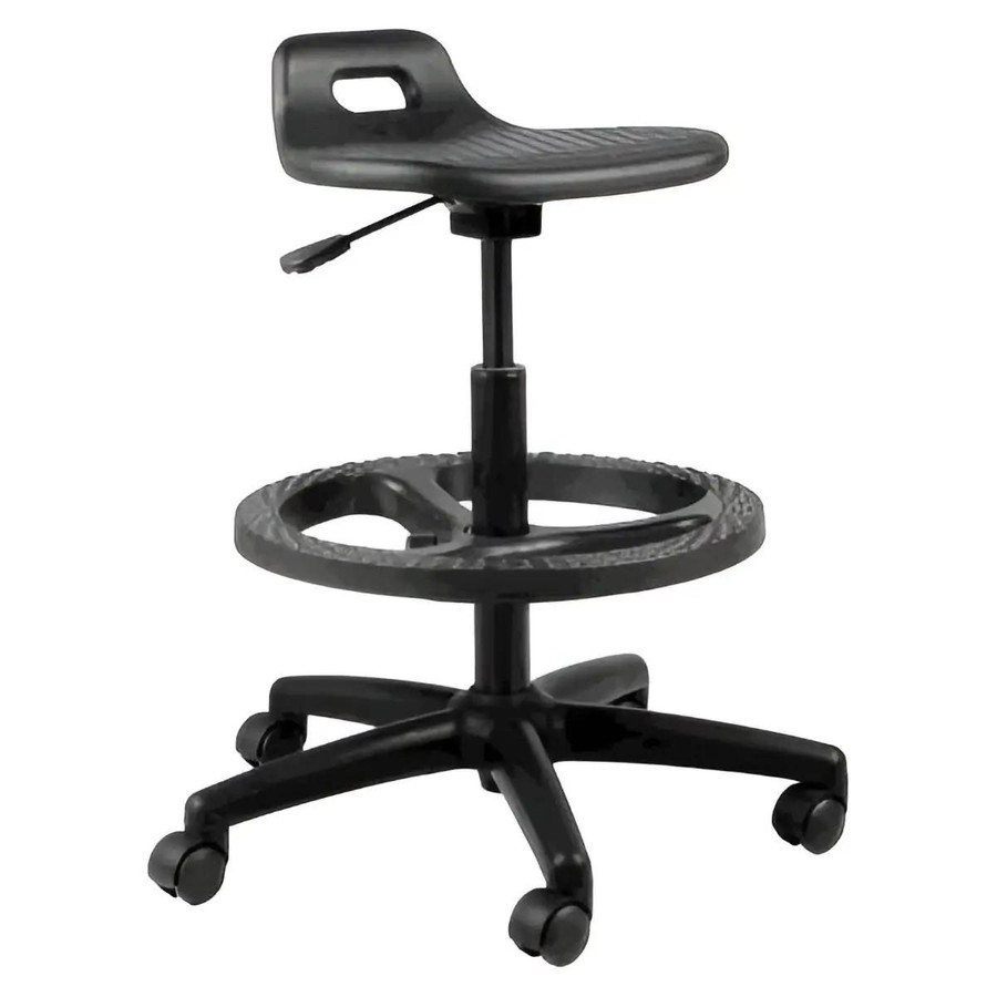 Q14 Industrial Polyurethane Draughtsman Chair ISC-DCH-Q14, black adjustable office chair with polyurethane seat and backrest, plastic arm support, and 5-wheel base for mobility.