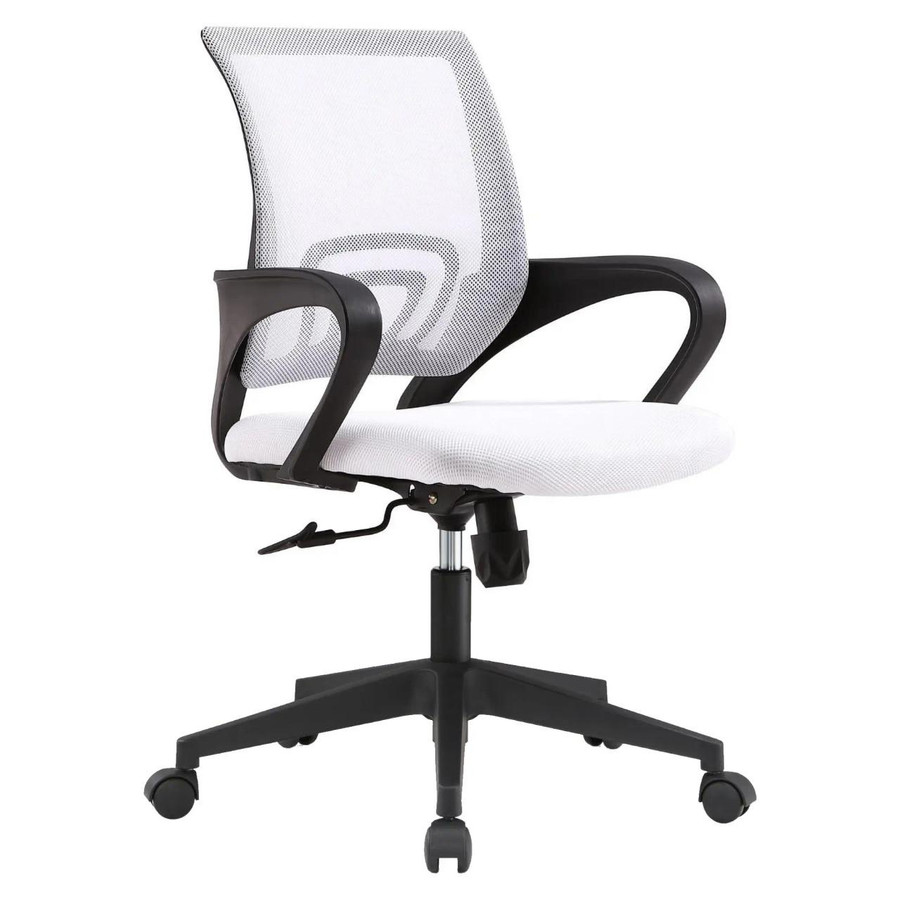 Zippy Operator Chair Polyurethane Base TOC-OCH-CH6801BL, ergonomic office chair with a white mesh backrest, cushioned white seat, black plastic armrests, and a sturdy black five-star wheeled base.