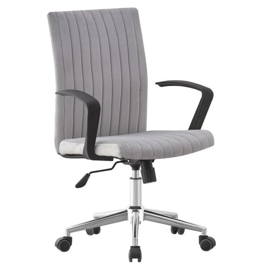Execu Professional Medium-Back Chair TOC-MCH-CH9001, ergonomic office chair with gray upholstery, high backrest, black armrests, adjustable height, and rolling casters for mobility.
