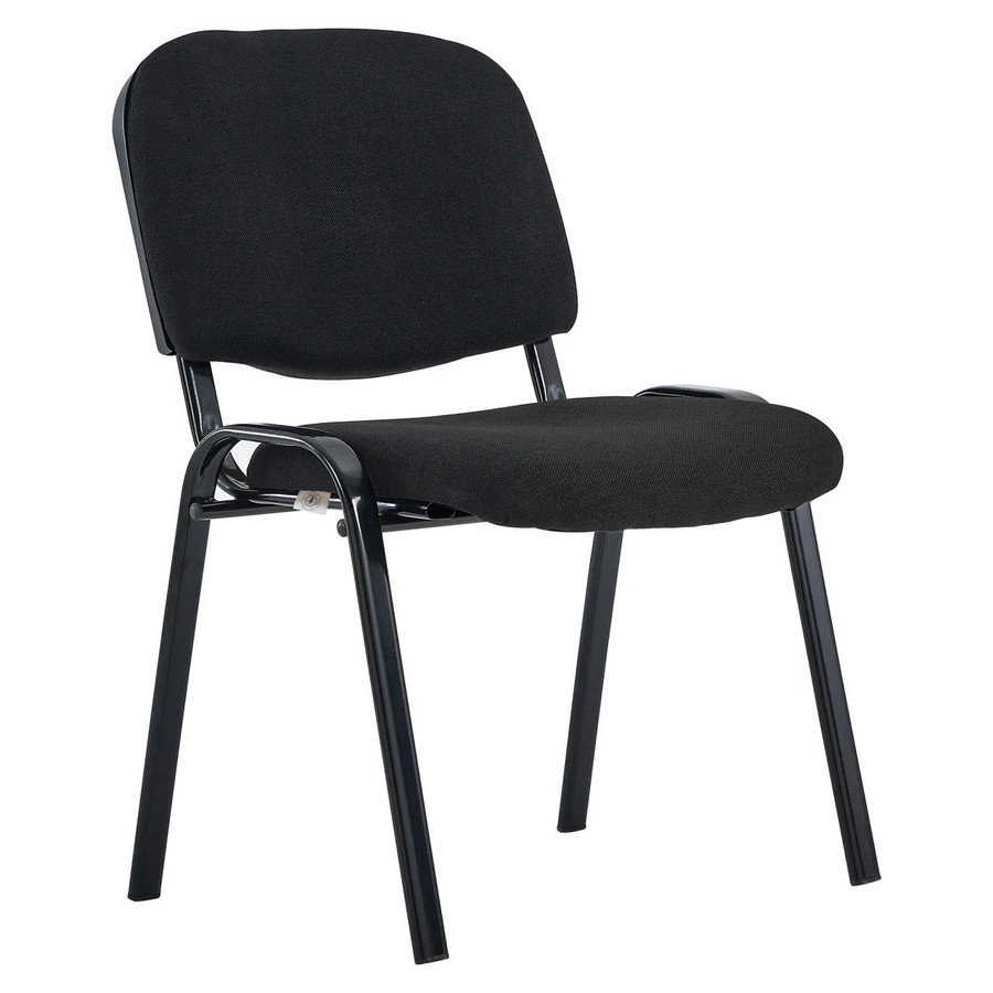 Stacker 300 Chair, black padded seat and backrest with metal frame for stacking and versatile seating.