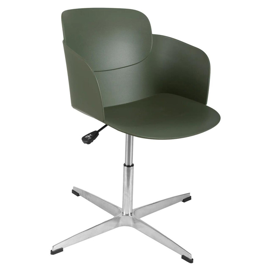 Lotus Cross Base Typist Office Chair CEC-TCH-LOT-CBS, green modern ergonomic chair with a curved backrest and adjustable height with a metal star-shaped base.