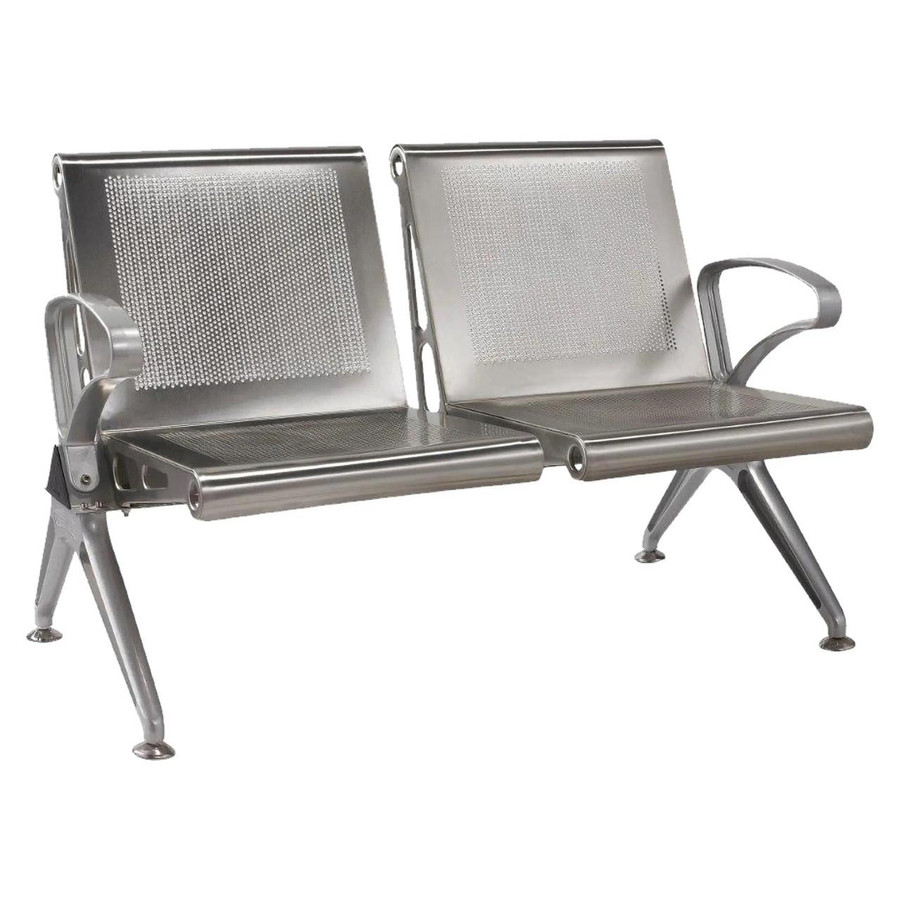 Two Seater Die Cast Aluminium Airport Bench, sleek and durable stainless steel seating with perforated backrests and armrests, ideal for airport waiting areas.