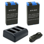 Replacement Battery Kit for GoPro ACBAT-001 (2-Pack, 1440mAh) + Triple USB Charger