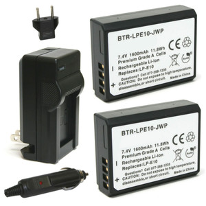 Canon LP-E10 Replacement Battery Kit (2-Pack, 1600mAh) + Single-Slot Charger with EU Plug & 12V Car Adapter
