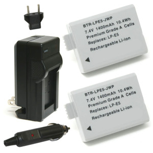 Canon LP-E5 Replacement Battery Kit (2-Pack, 1600mAh) + Charger with EU Plug & 12V Car Adapter