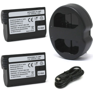 Nikon EN-EL15 / EN-EL15a / EN-EL15b / EN-EL15c Replacement Battery Kit (2-Pack, 2000mAh) + Dual USB Charger