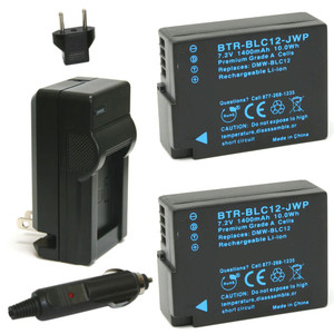 Panasonic DMW-BLC12 Replacement Battery Kit (2-Pack, 1400mAh) with Charger, EU Plug & 12V Car Adapter