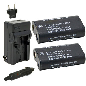 Kodak KLIC-8000 Replacement Battery Kit (2-Pack, 1900mAh) + Charger with EU Plug & 12V Car Adapter