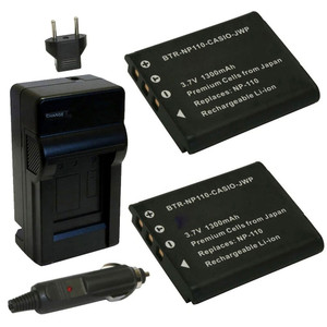 Replacement Battery Kit for Casio NP-110 (2-Pack, 1300mAh) + Charger with EU Plug & 12V Car Adapter
