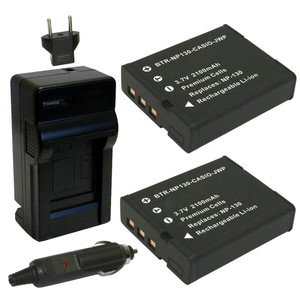 Replacement Battery Kit for Casio NP-130A (2-Pack, 2100mAh) + Charger with EU Plug & 12V Car Adapter