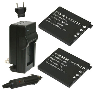 Replacement Battery Kit for Casio NP-60 (2-Pack, 1200mAh) + Charger with EU Plug & 12V Car Adapter