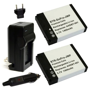 Replacement Battery Kit for GoPro AHDBT-001 (2-Pack, 1400mAh) + Charger with EU Plug & 12V Car Adapter