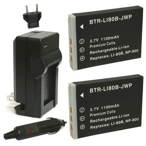 Replacement Battery Kit for Olympus LI80B (2-Pack, 1100mAh) + Charger & Car Adapter