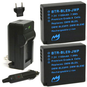 Replacement Battery Kit for Panasonic DMW-BLE9PP (2-Pack, 1100mAh) + Charger & Car Adapter