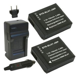 Replacement Battery Kit for Panasonic DMW-BLH7PP (2-Pack, 750mAh) + Charger & Car Adapter