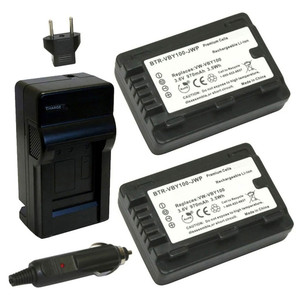 Replacement Battery Kit for Panasonic HC-V110 (2-Pack, 970mAh) + Charger with EU Plug & 12V Car Adapter