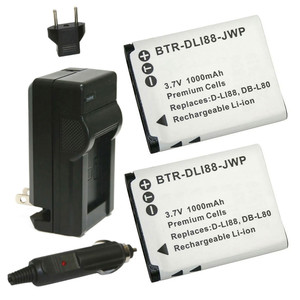 Replacement Battery Kit for Pentax D-LI88 (2-Pack, 1000mAh) + Charger & Car Adapter