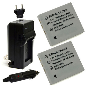 Replacement Battery Kit for Pentax Optio S7 (2-Pack, 1300mAh) + Charger with EU Plug & 12V Car Adapter
