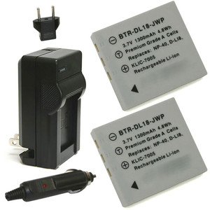 Replacement Battery Kit for Pentax W20 (2-Pack, 1300mAh) + Charger with EU Plug & 12V Car Adapter
