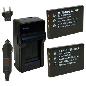 Replacement Battery Kit for Ricoh DB-40 (2-Pack, 1400mAh) + Charger & Car Adapter