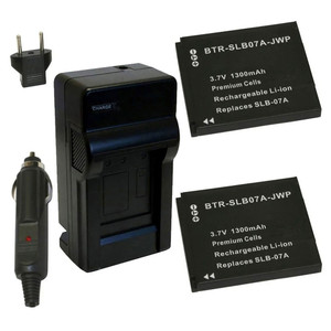 Replacement Battery Kit for Samsung SLB-07A (2-Pack, 1300mAh) + Charger & Car Adapter
