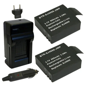 Replacement Battery Kit for SJCAM Kebo (2-Pack, 900mAh) + Charger with EU Plug & 12V Car Adapter