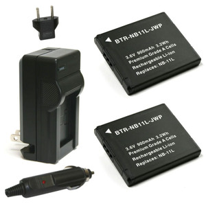 Replacement Battery Kit for Canon A2500 (2-Pack, 900mAh) + Charger & Car Adapter
