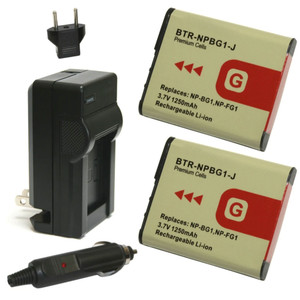 Replacement Battery Kit for Sony NP-BG1 (2-Pack, 1250mAh) + Charger & Car Adapter