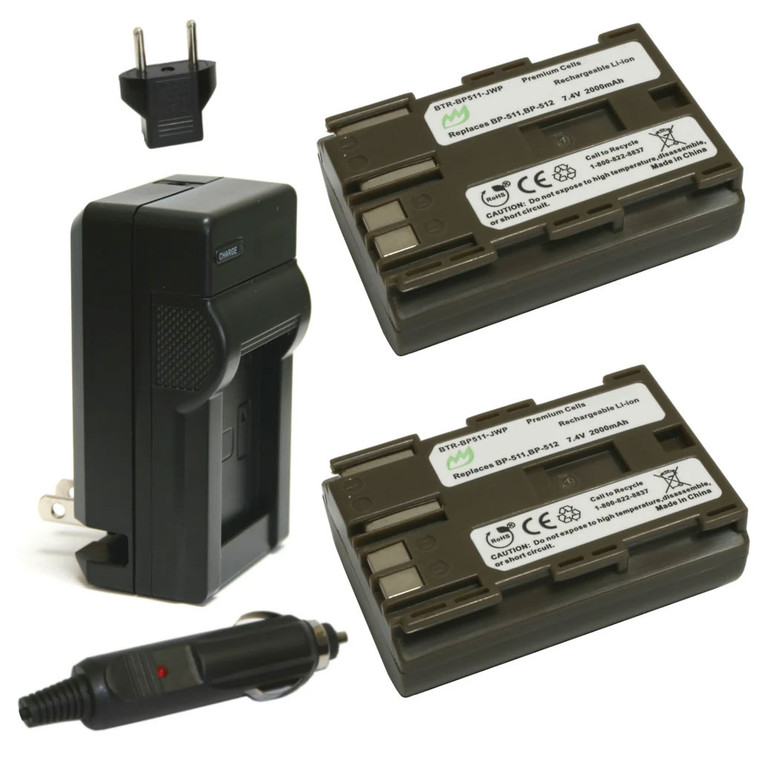 Canon BP-511 / BP-511A Replacement Battery Kit (2-Pack) + Charger with EU Plug & 12V Car Adapter