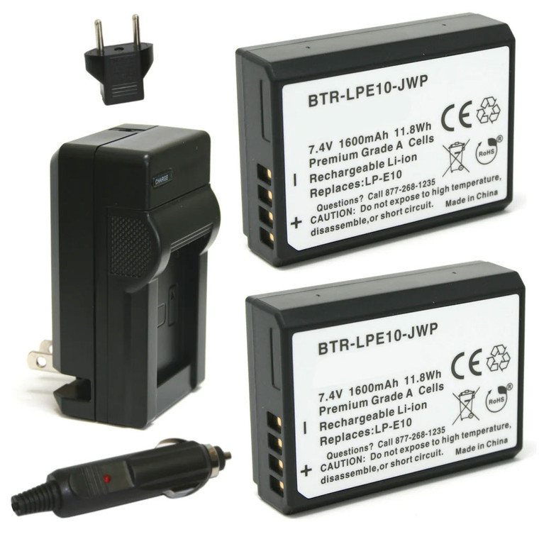 Canon LP-E10 Replacement Battery Kit (2-Pack, 1600mAh) + Single-Slot Charger with EU Plug & 12V Car Adapter