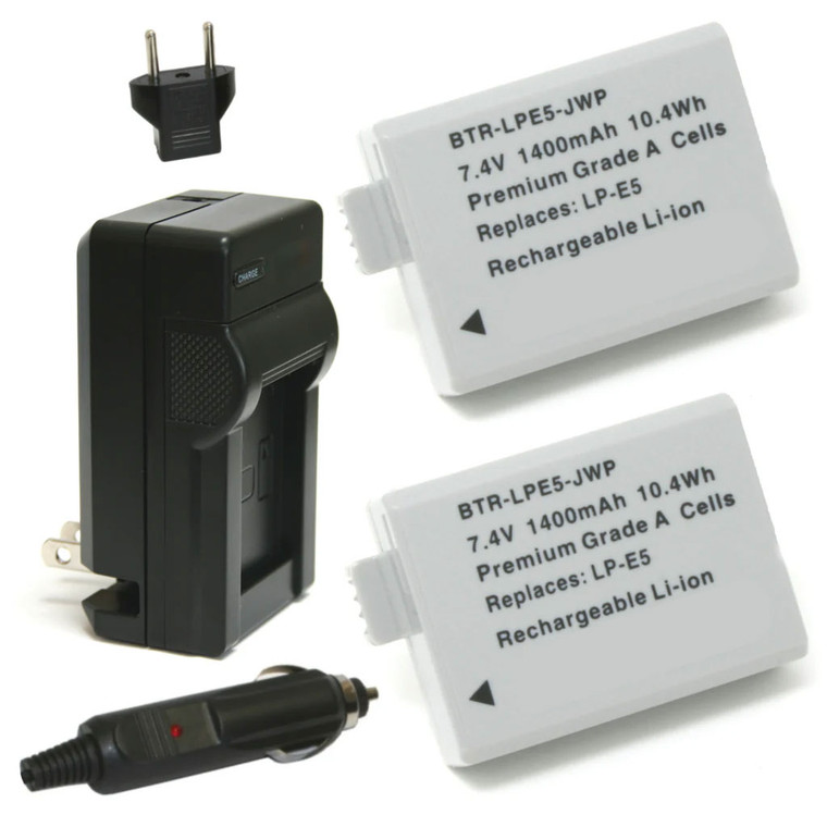 Canon LP-E5 Replacement Battery Kit (2-Pack, 1600mAh) + Charger with EU Plug & 12V Car Adapter
