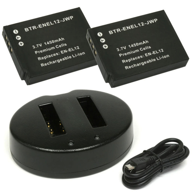 Nikon EN-EL12 Replacement Battery Kit (2-Pack, 1450mAh) + Dual USB Charger
