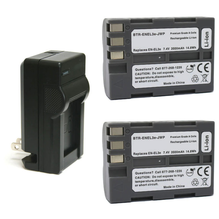 Nikon EN-EL3e Replacement Battery Kit (2-Pack, 2000mAh) + Charger with EU Plug & 12V Car Adapter