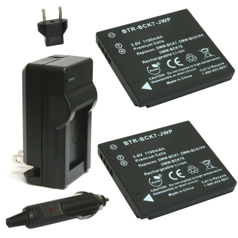 Panasonic DMW-BCK7 Replacement Battery Kit (2-Pack, 1100mAh) + Charger with EU Plug & 12V Car Adapter