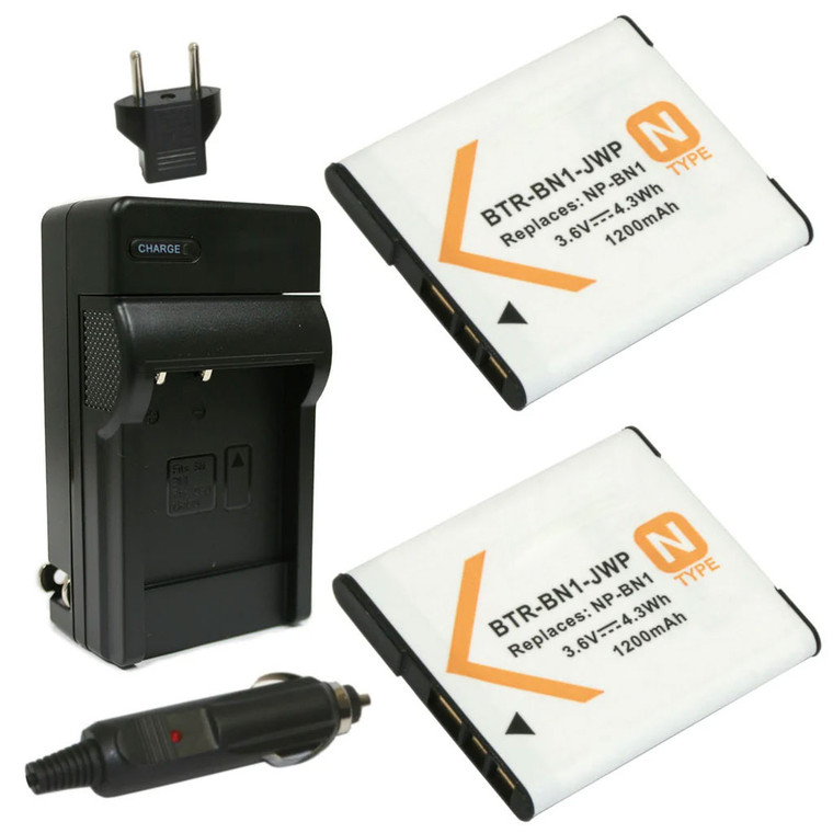 Sony NP-BN1 Replacement Battery Kit (2-Pack, 1200mAh) + Charger with EU Plug & 12V Car Adapter