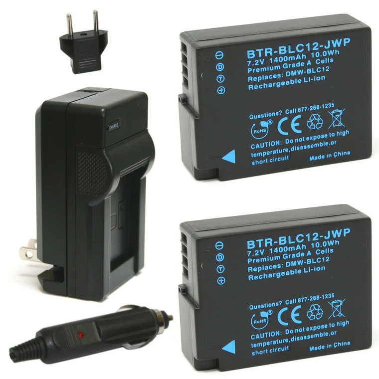 Panasonic DMW-BLC12 Replacement Battery Kit (2-Pack, 1400mAh) with Charger, EU Plug & 12V Car Adapter