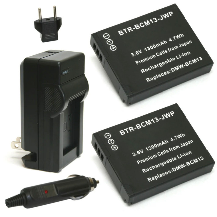 Panasonic DMW-BCM13 Replacement Battery Kit (2-Pack, 1300mAh) + Charger with EU Plug & 12V Car Adapter