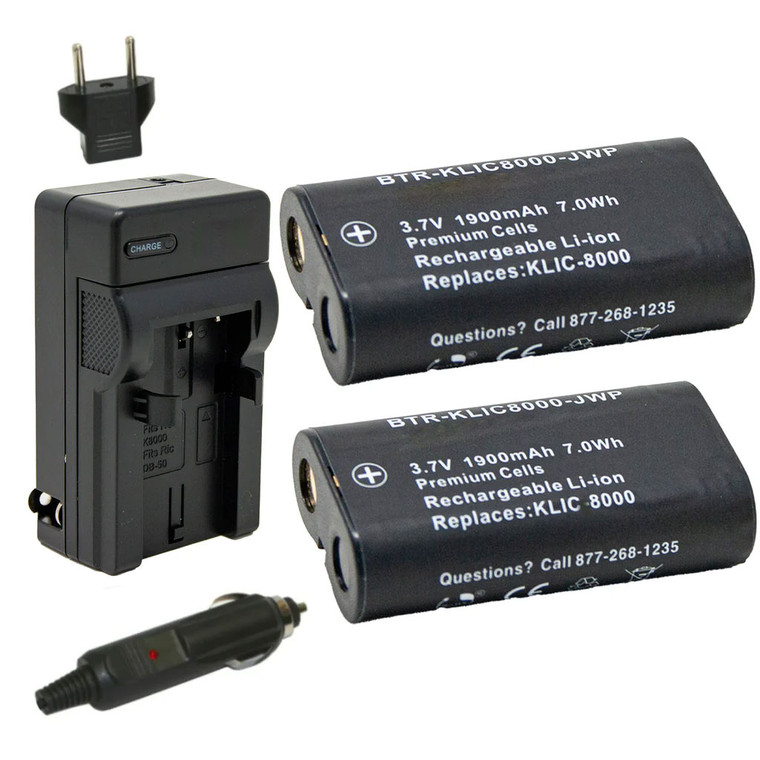 Kodak KLIC-8000 Replacement Battery Kit with Dual Batteries, Charger, EU Plug and 12V Car Adapter