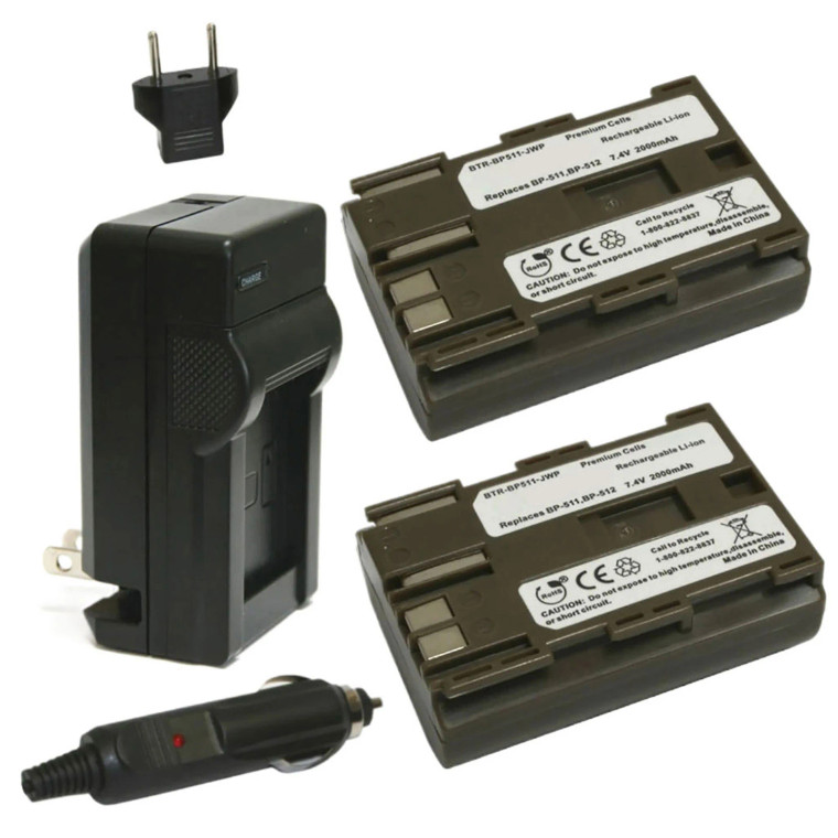 Canon BP-511 BP-511A Replacement Battery Kit with Charger, 2-Pack Batteries, US Plug, EU Adapter and Car Adapter