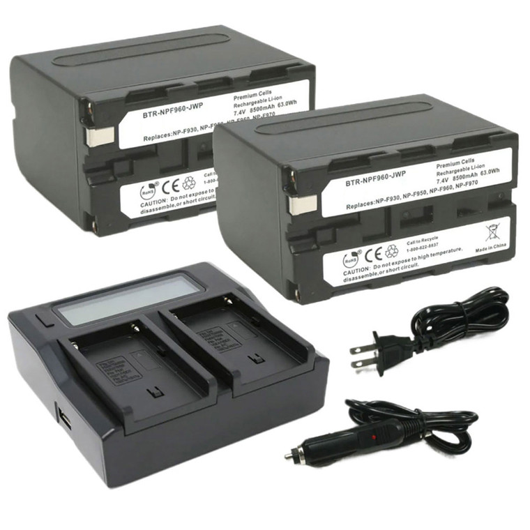 Sony NP-F970 NP-F960 dual charger with 2 high-capacity L-series batteries for video production equipment