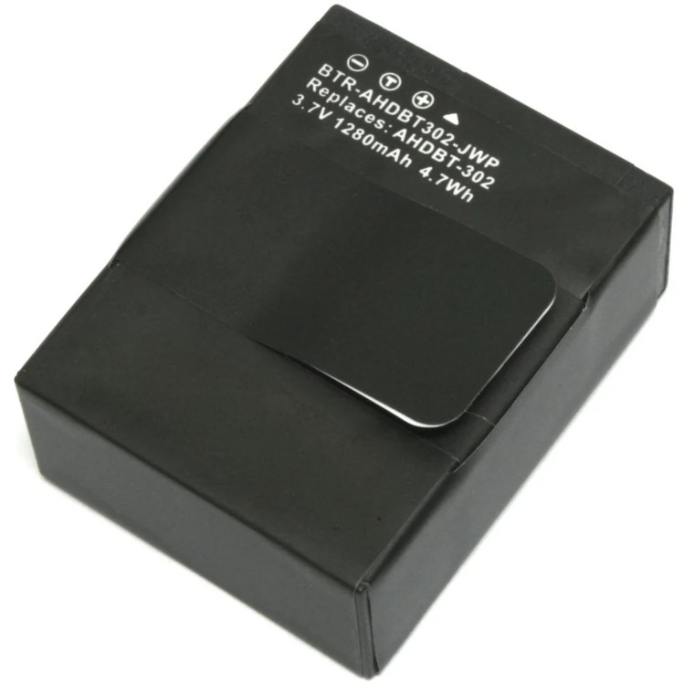 GoPro HERO3 and HERO3+ replacement battery compatible with AHDBT-302, featuring 1280mAh capacity and premium lithium-ion cells.
