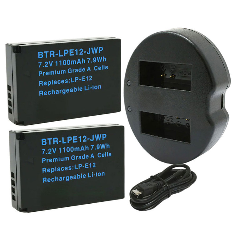 Replacement Battery Kit for Canon LP-E12 (2-Pack, 1100mAh) + Dual USB Charger