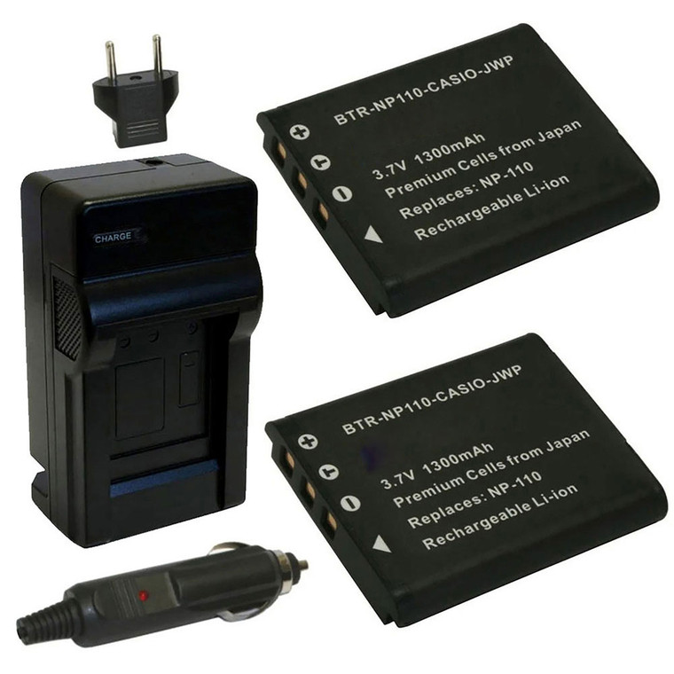Replacement Battery Kit for Casio Exilim EX-ZR10 (2-Pack, 1300mAh) + Charger with EU Plug & 12V Car Adapter