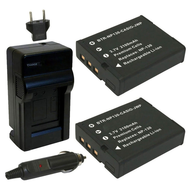 Replacement Battery Kit for Casio NP-130A (2-Pack, 2100mAh) + Charger with EU Plug & 12V Car Adapter
