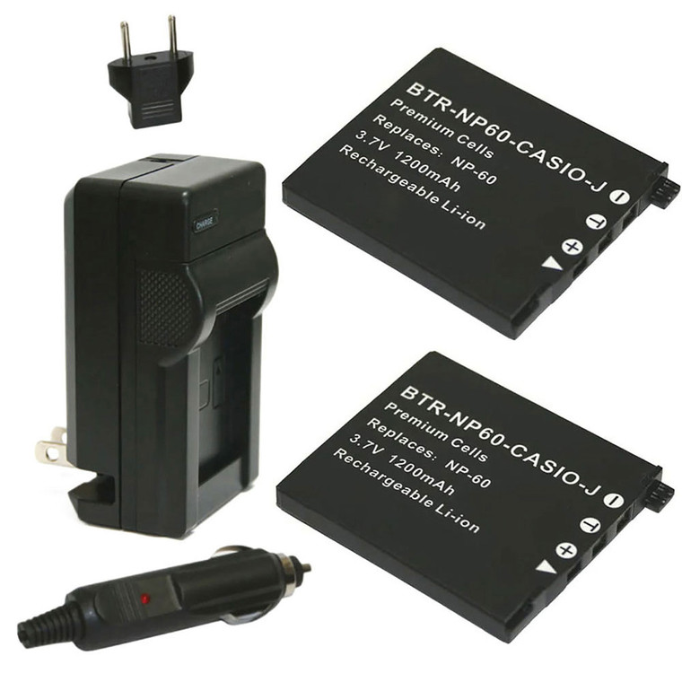 Replacement Battery Kit for Casio NP-60 (2-Pack, 1200mAh) + Charger with EU Plug & 12V Car Adapter